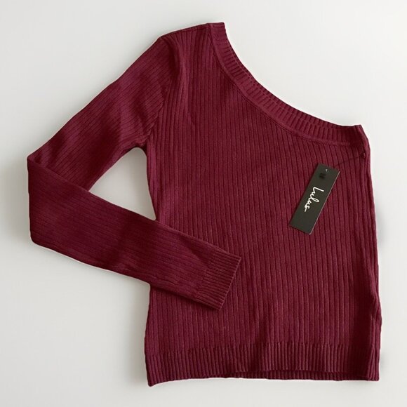 Lulus Ribbed One-Shoulder Long Sleeve Top in Burgundy‎ Size Medium - Picture 1 of 4